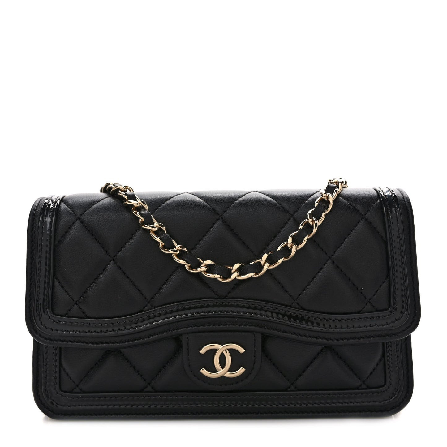 Lambskin Patent Calfskin Quilted Flap Phone Holder With Chain Black