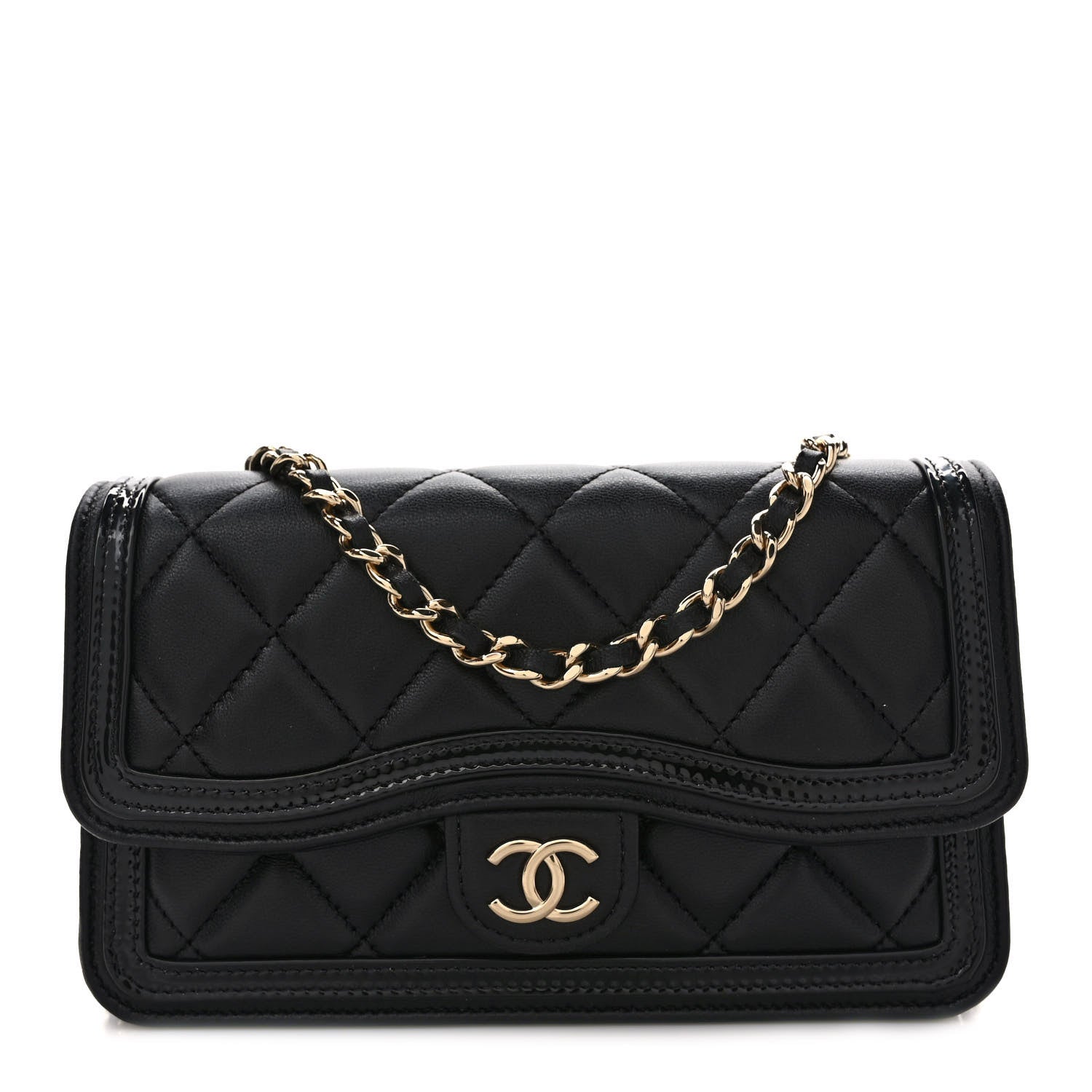 Chanel Lambskin Patent Calfskin Quilted Flap Phone Holder With Chain Black 1 of 8