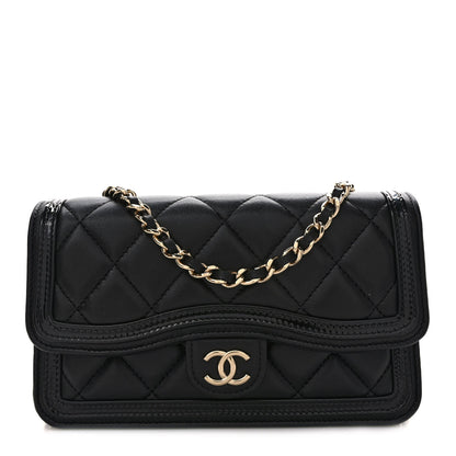 Chanel Lambskin Patent Calfskin Quilted Flap Phone Holder With Chain Black 1 of 8