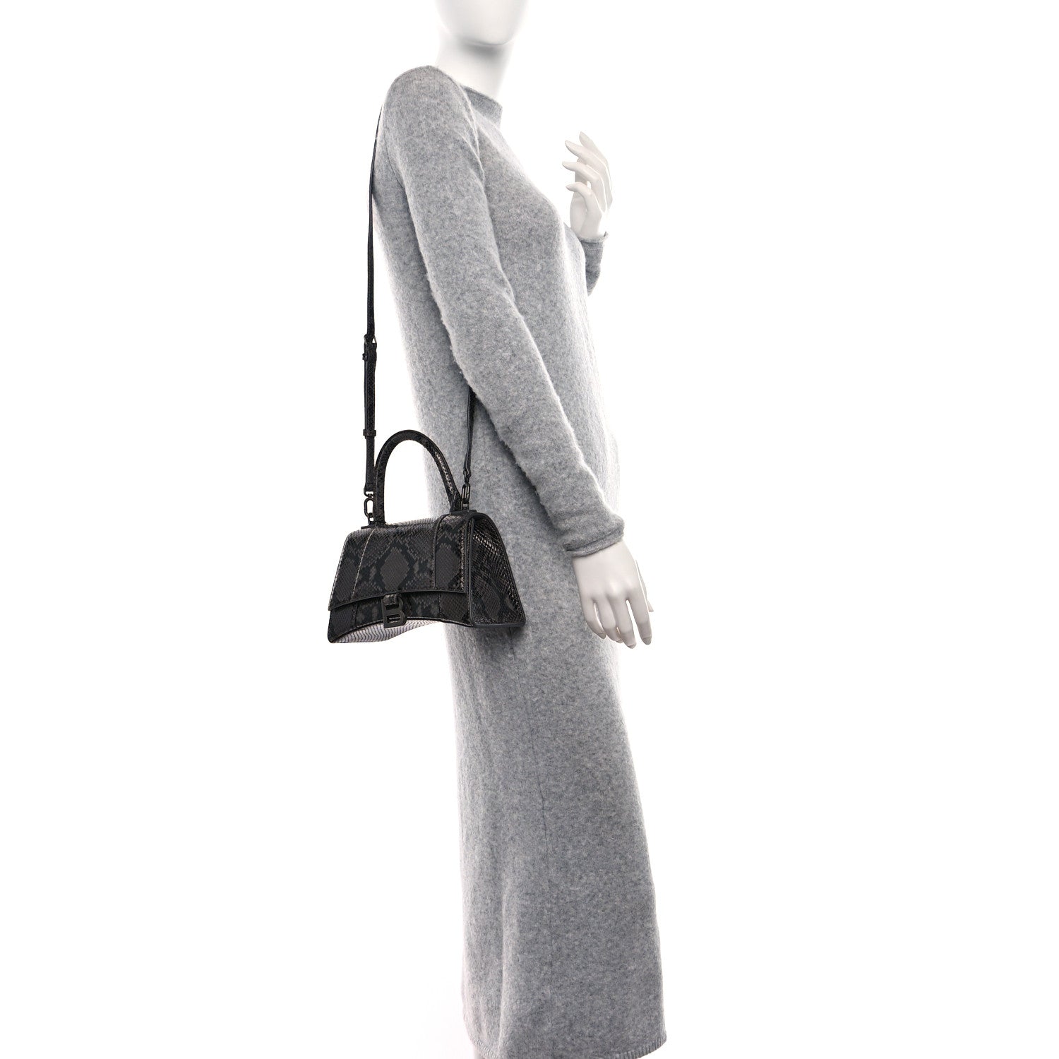 Balenciaga Shiny Calfskin Python Effect Small Hourglass Top Handle Bag Dark Grey Black 2 of 13