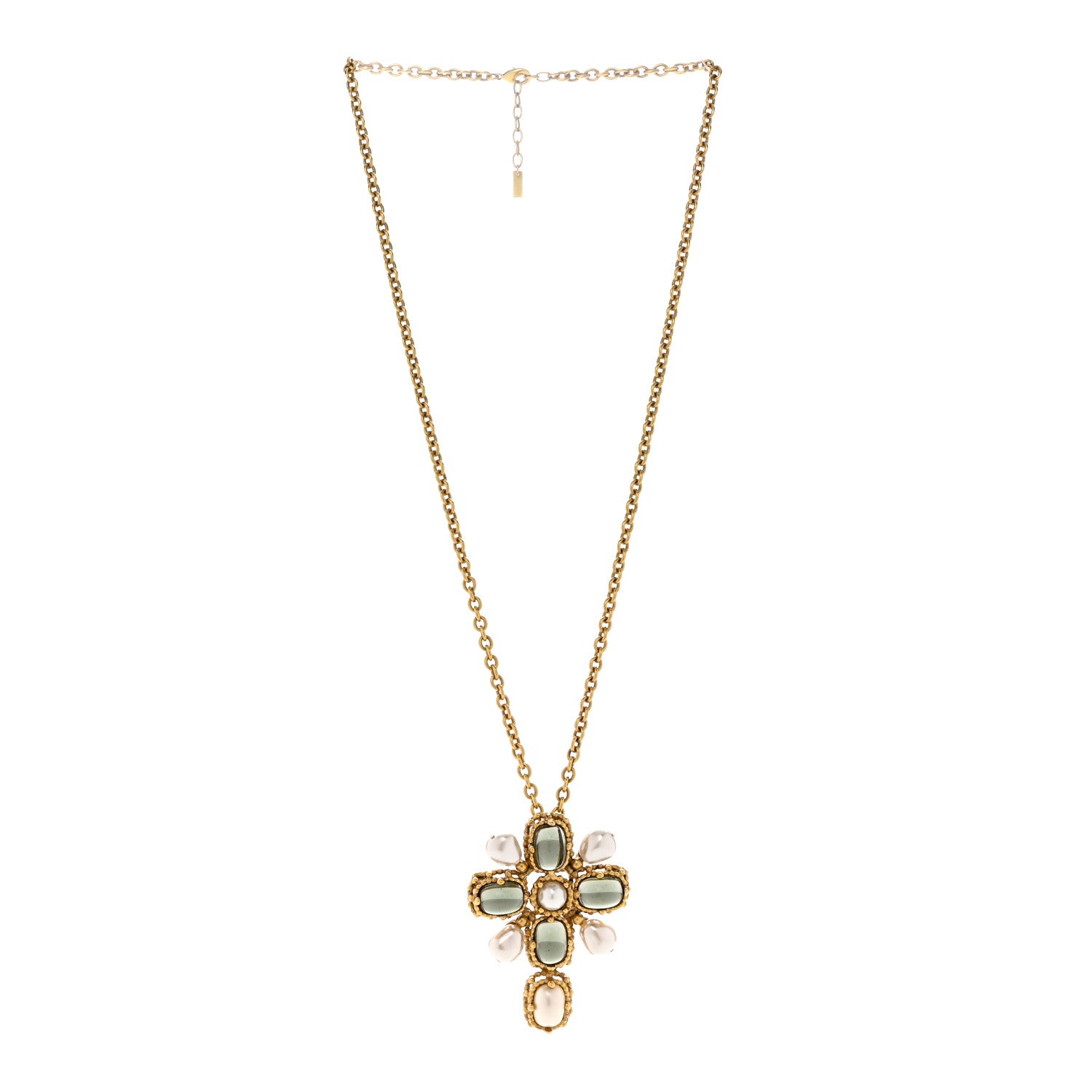 Saint Laurent Crystal Pearl Cross Pendant Necklace Gold 3 of 6