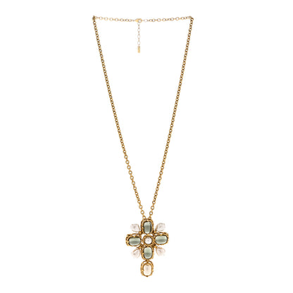 Saint Laurent Crystal Pearl Cross Pendant Necklace Gold 3 of 6