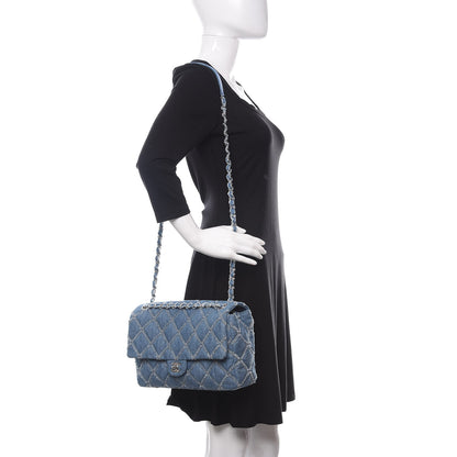 Chanel Frayed Denim Quilted Large Blue Chip Flap Blue 2 of 10