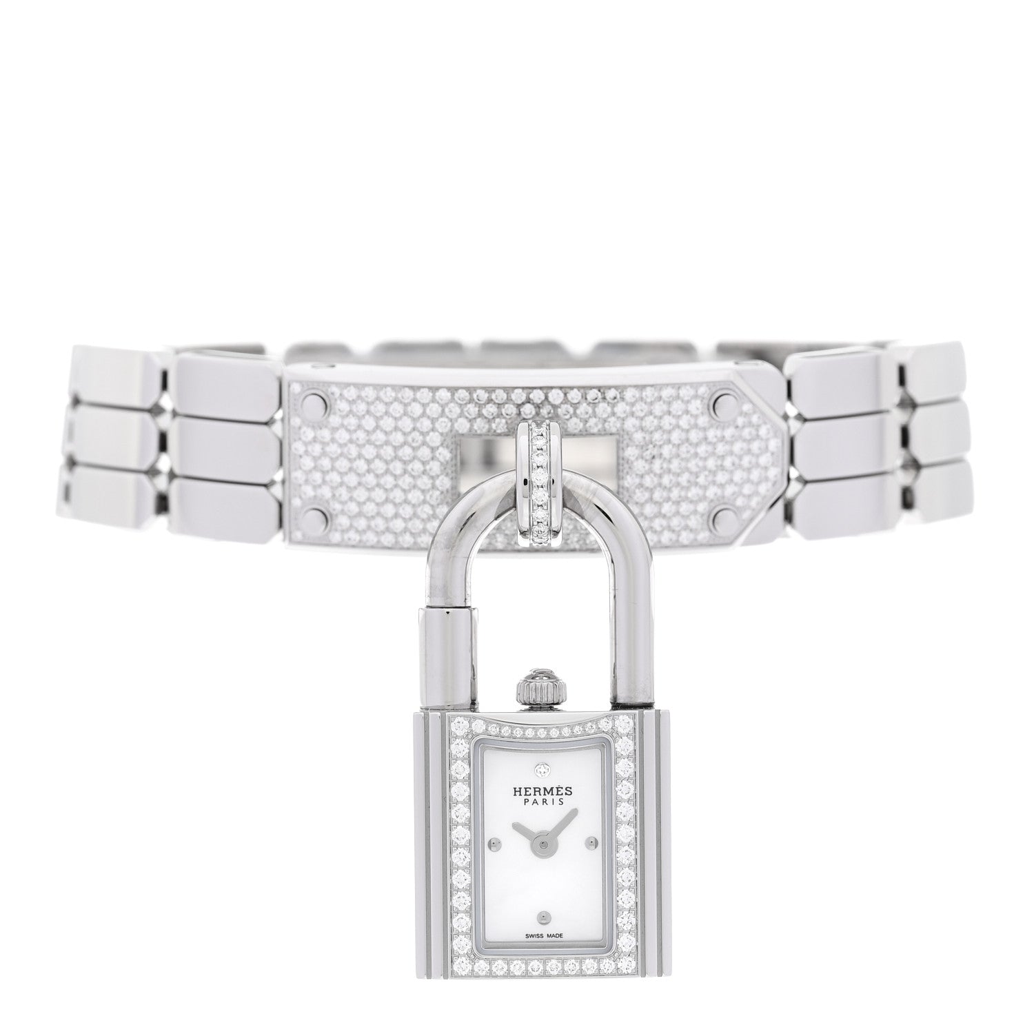 Hermes Stainless Steel Diamond Pave 16mm Kelly Quartz Watch 2 of 7