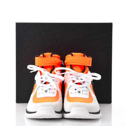 Chanel Suede Calfskin Lambskin Neoprene High Top CC Sneakers 41 White Fluo Orange 9 of 9