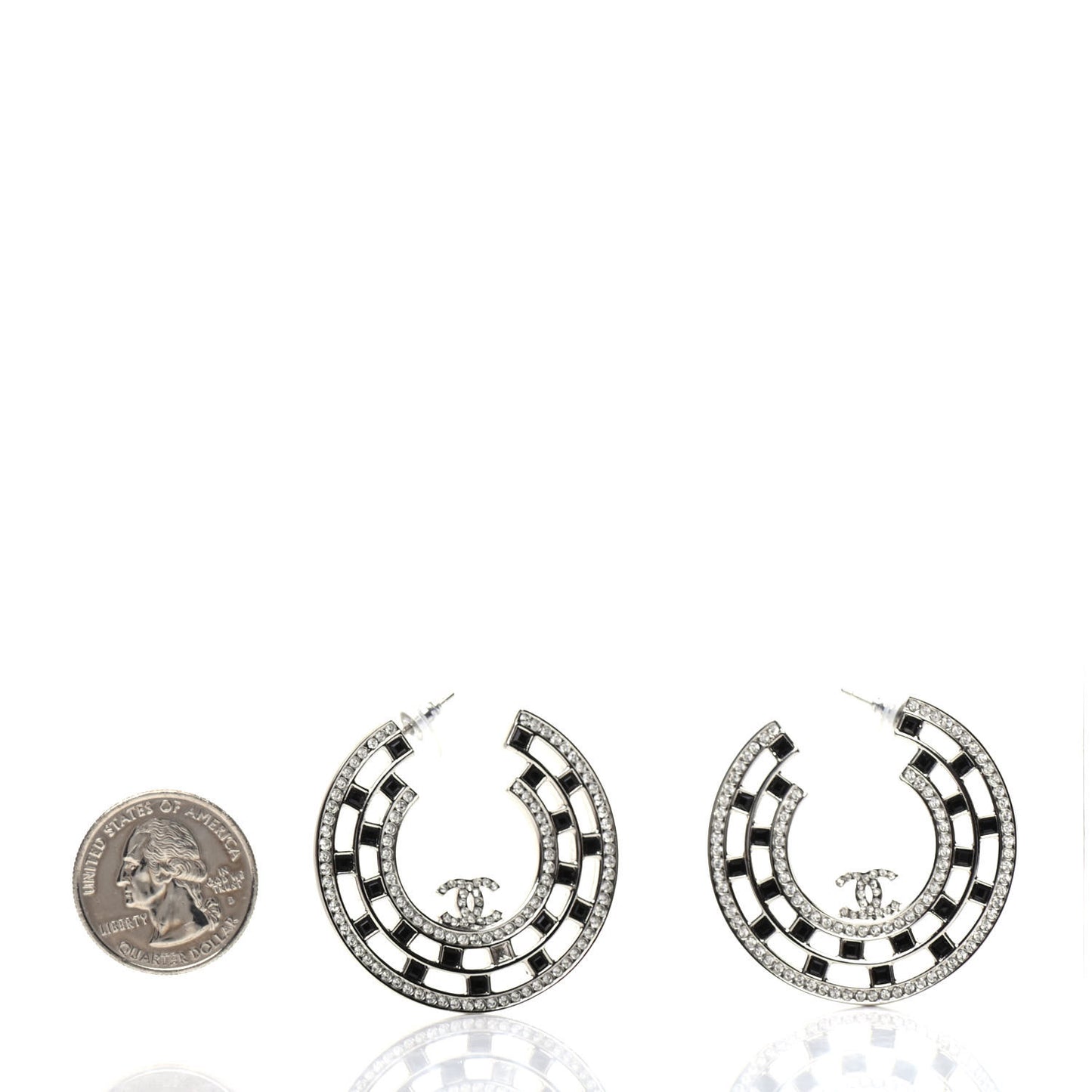 Baguette Crystal CC Hoop Earrings Silver Black