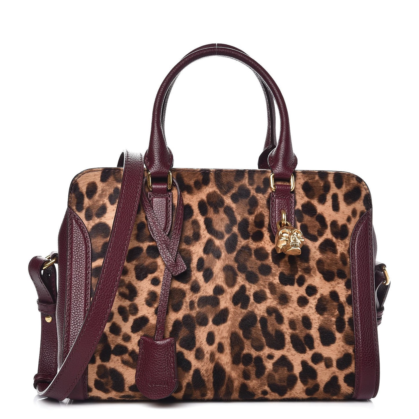 Leopard Print Pony Hair Pebbled Calfskin Small Skull Padlock Zip Around Tote Bordeaux