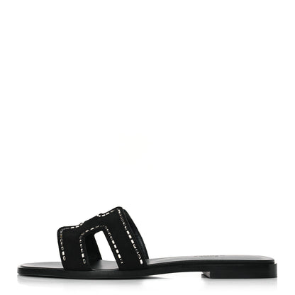 Hermes Suede Goatskin Crystal Embellished Oran Sandals 38.5 Black 1 of 9