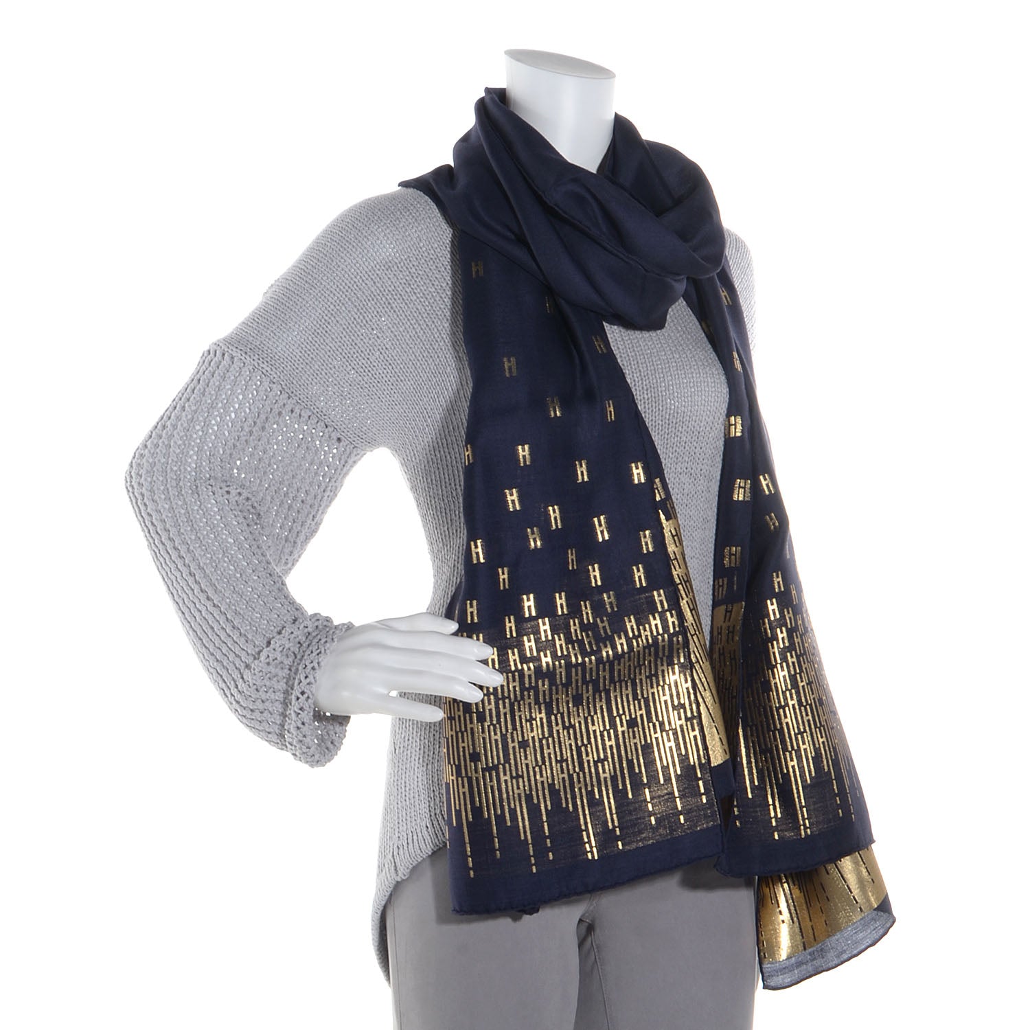 Hermes Silk Cashmere Hart Deco Stole Bleu Nuit Oro 2 of 6