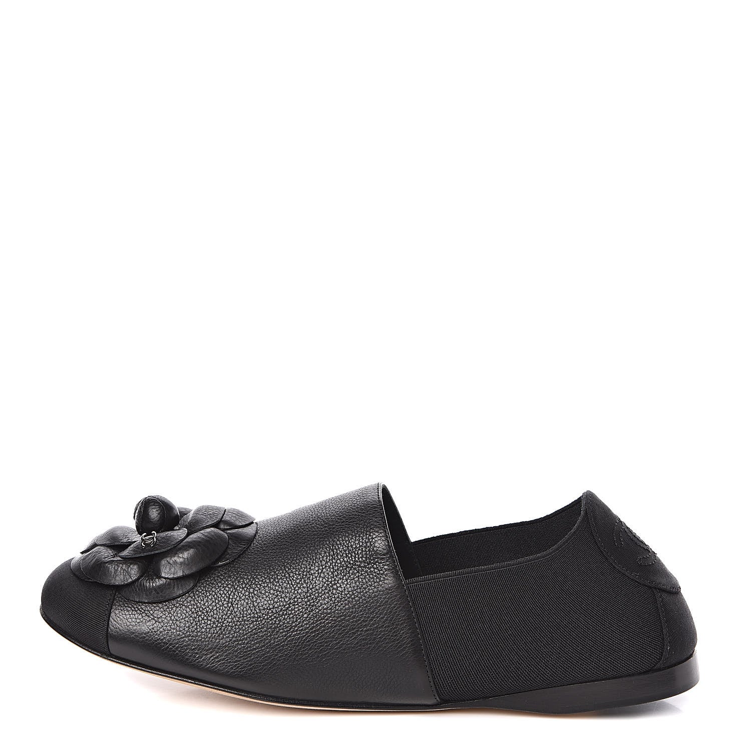 Chanel Calfskin Fabric Camellia Moccasin Flats 39 Black 1 of 9
