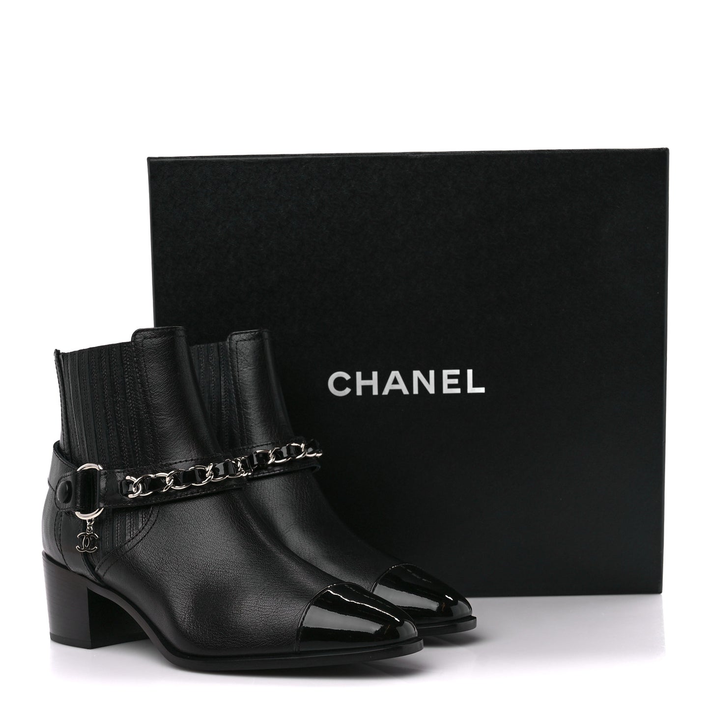 Goatskin Patent CC Cap Toe Chain Boots 38 Black 36.5 Black