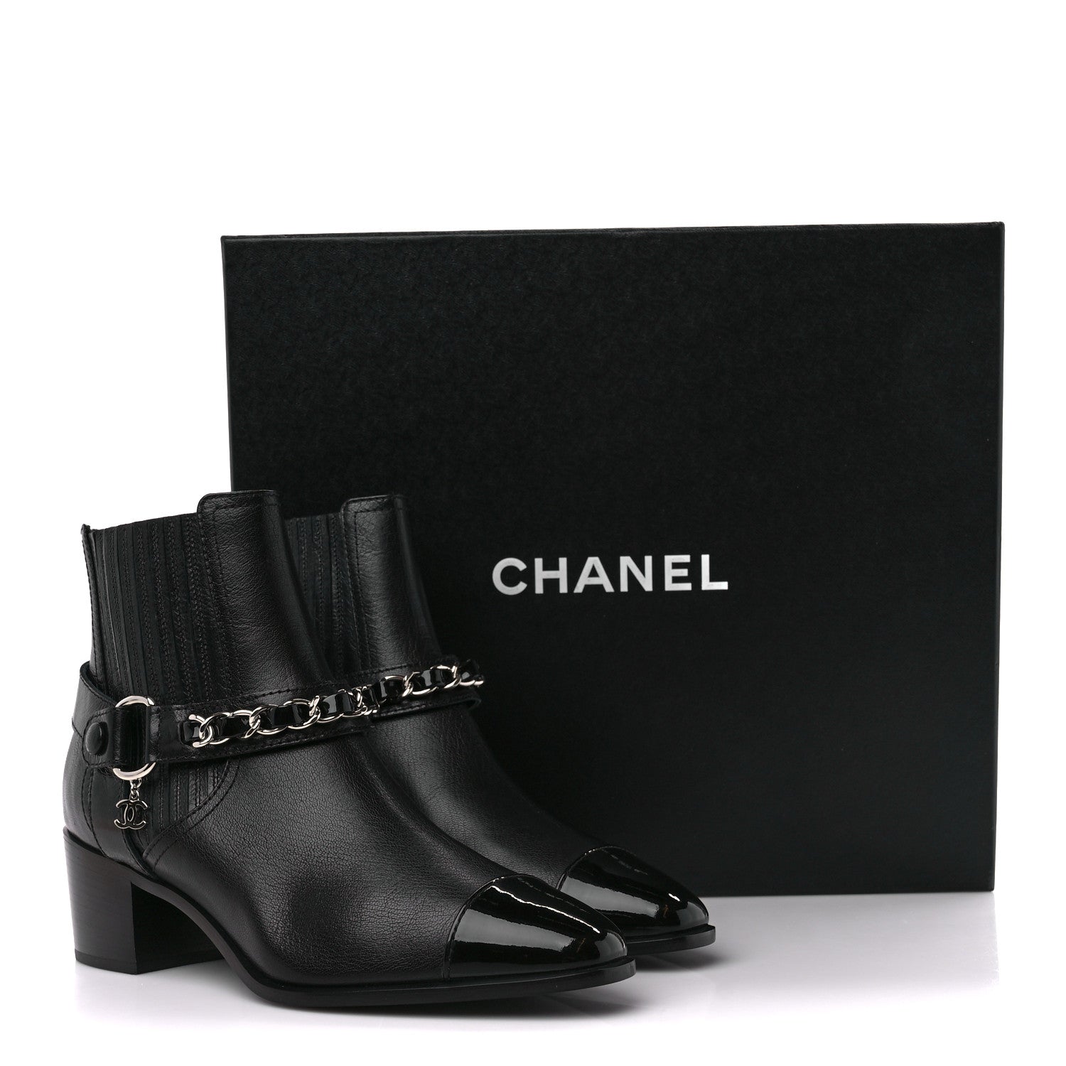 Chanel Goatskin Patent CC Cap Toe Chain Boots 38 Black 36.5 Black 8 of 8
