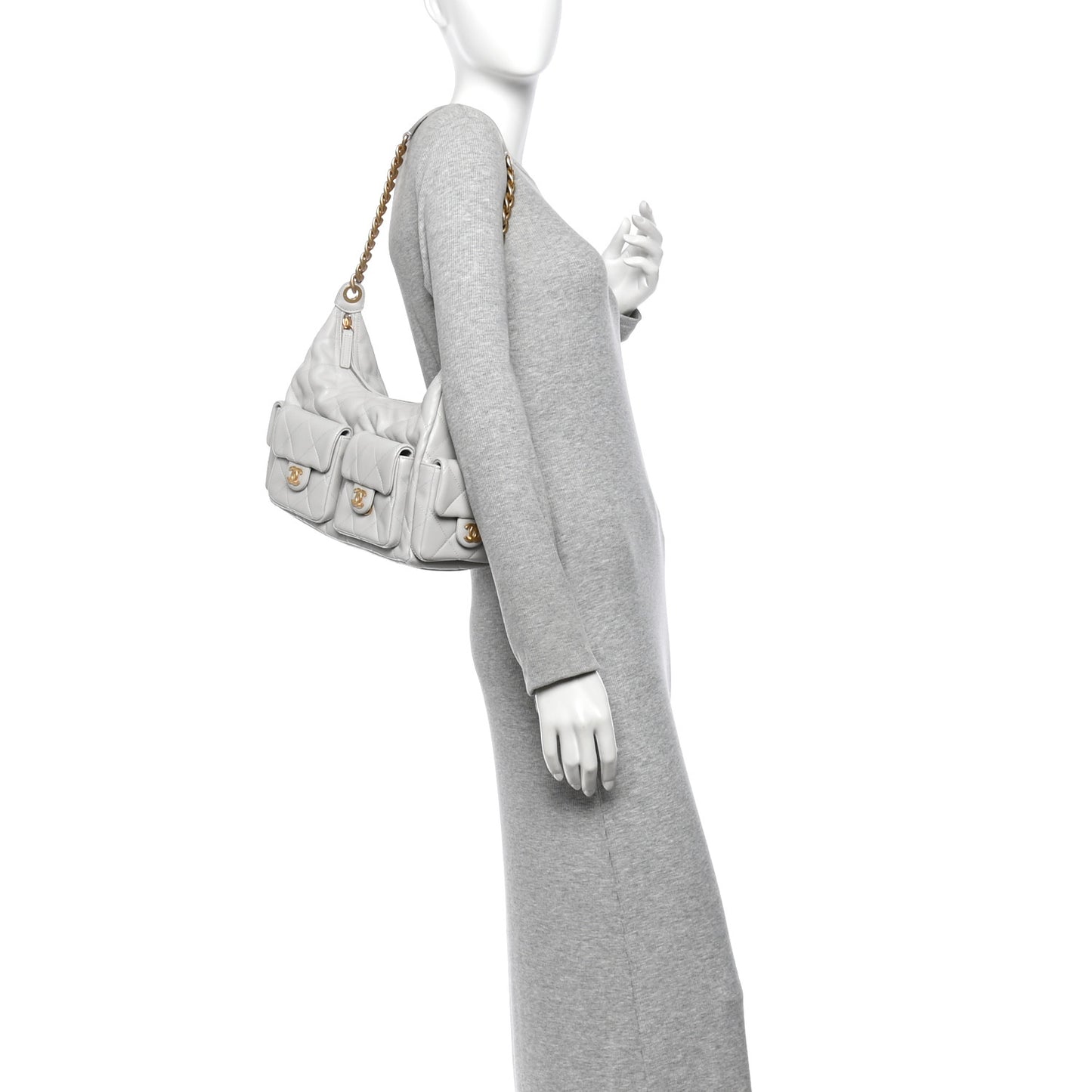 Shiny Lambskin Quilted Large Trendy Pockets Hobo Light Grey