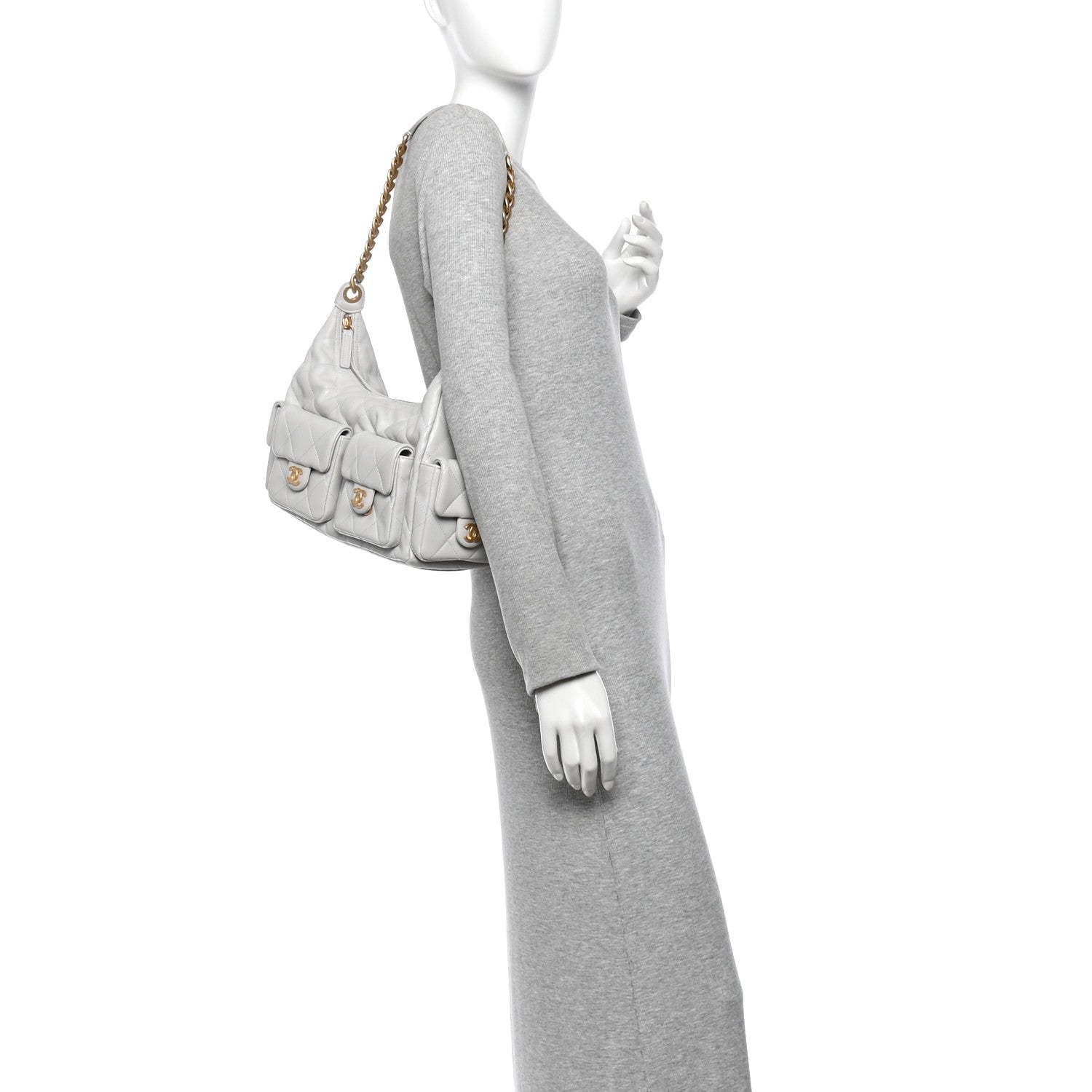 Chanel Shiny Lambskin Quilted Large Trendy Pockets Hobo Light Grey 2 of 11