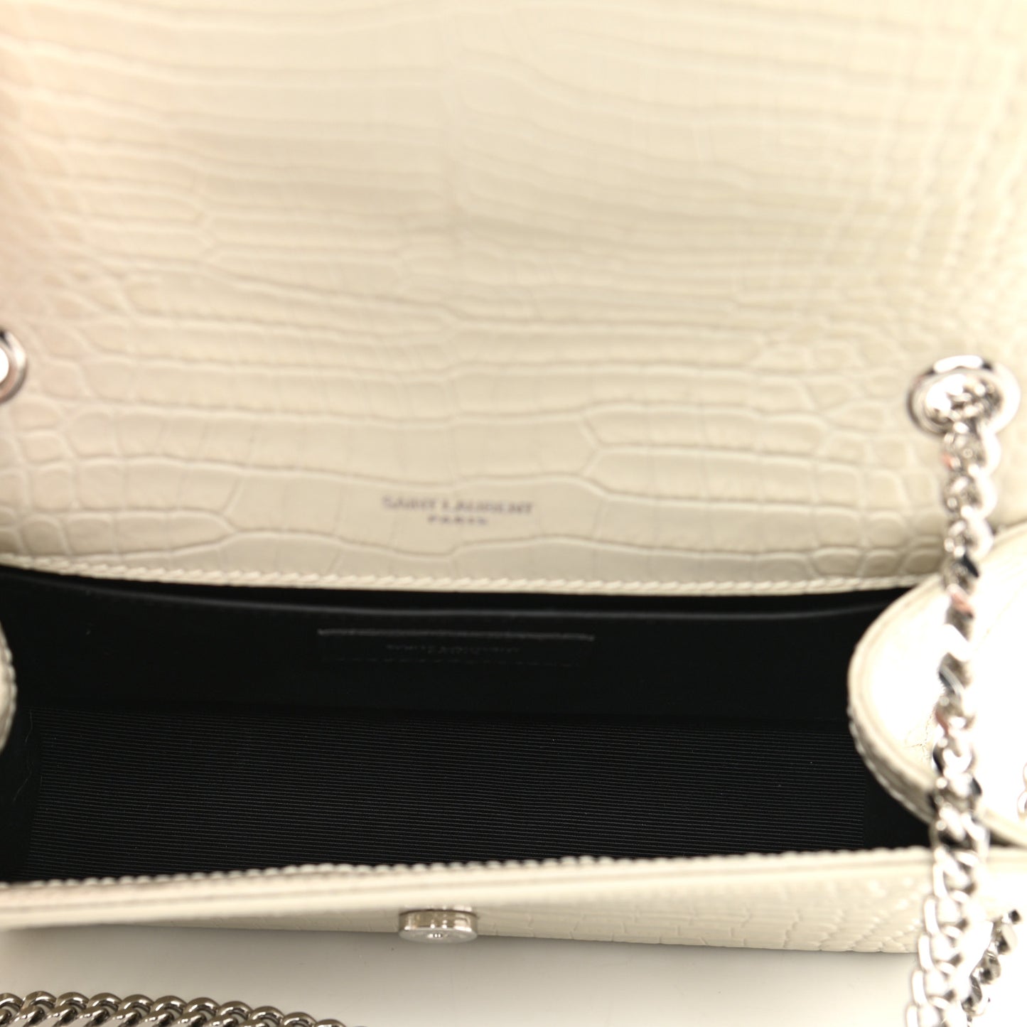Calfskin Crocodile Embossed Small Classic Monogram Kate Tassel Satchel Blanc Vintage