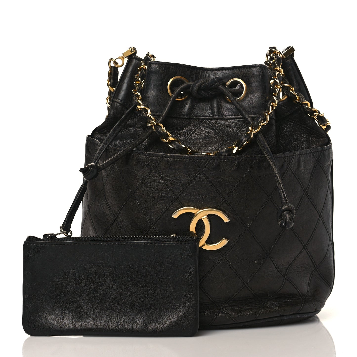 Lambskin Diamond Stitched CC Drawstring Shoulder Bag Black