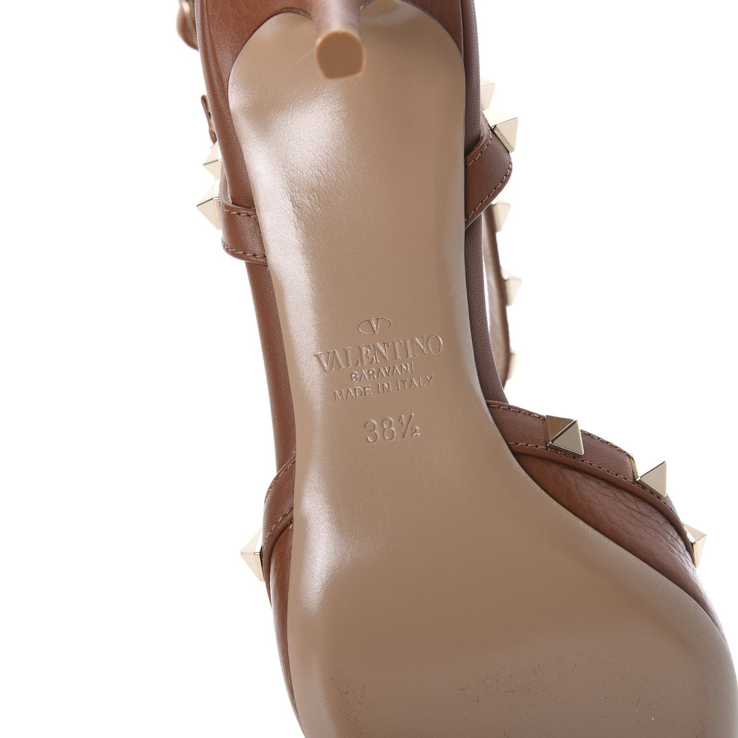 Pebbled Calfskin Rockstud Ankle Strap 65mm Pumps 38.5 Cuoio