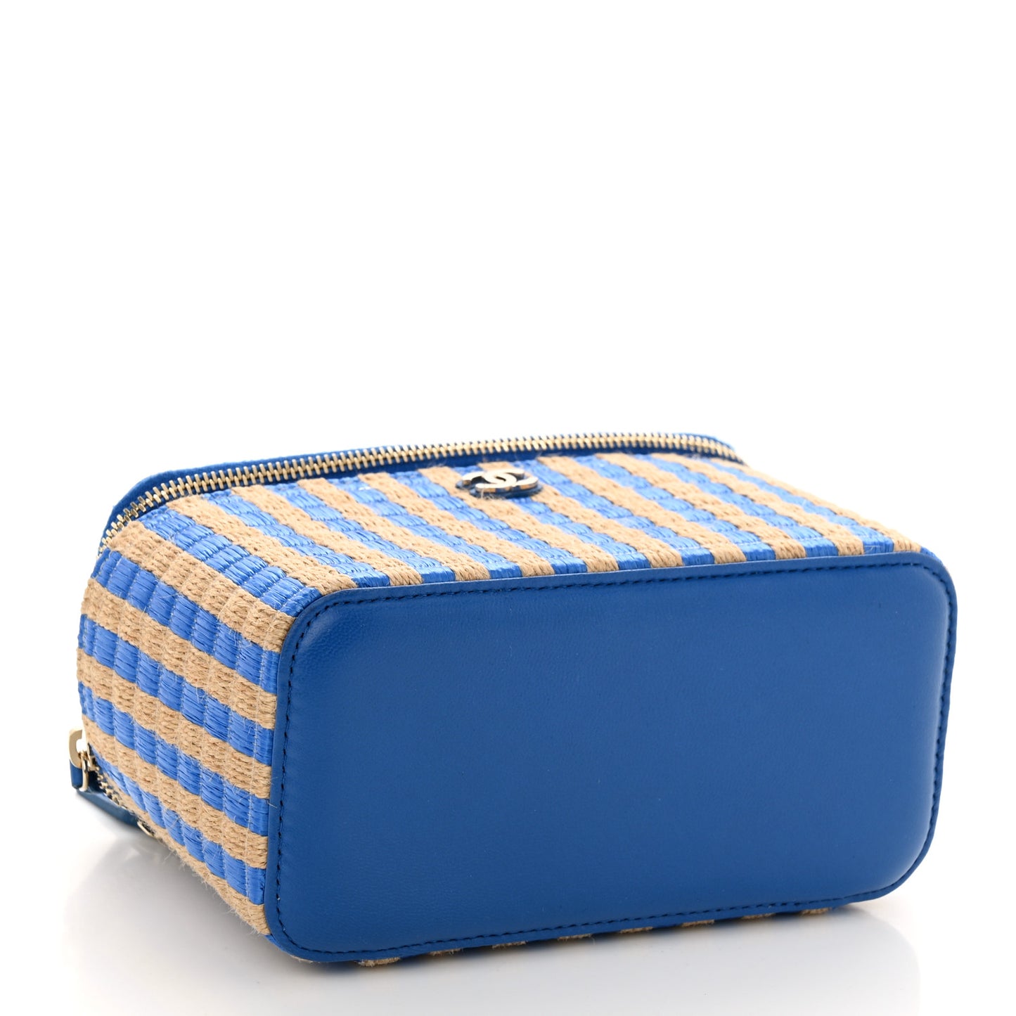 Raffia Jute Striped Small Vanity Case With Chain Blue Beige