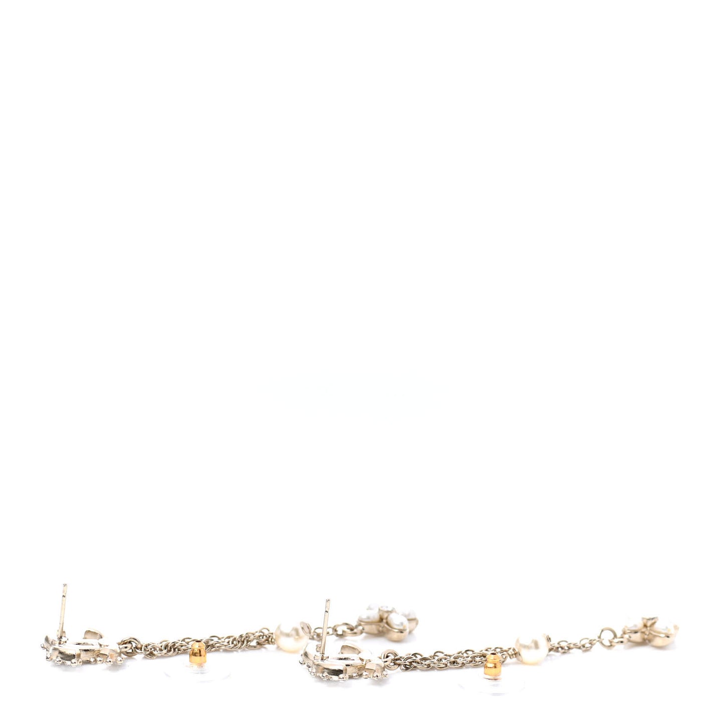 Pearl Chain Camellia CC Drop Earrings Pearly White Gold