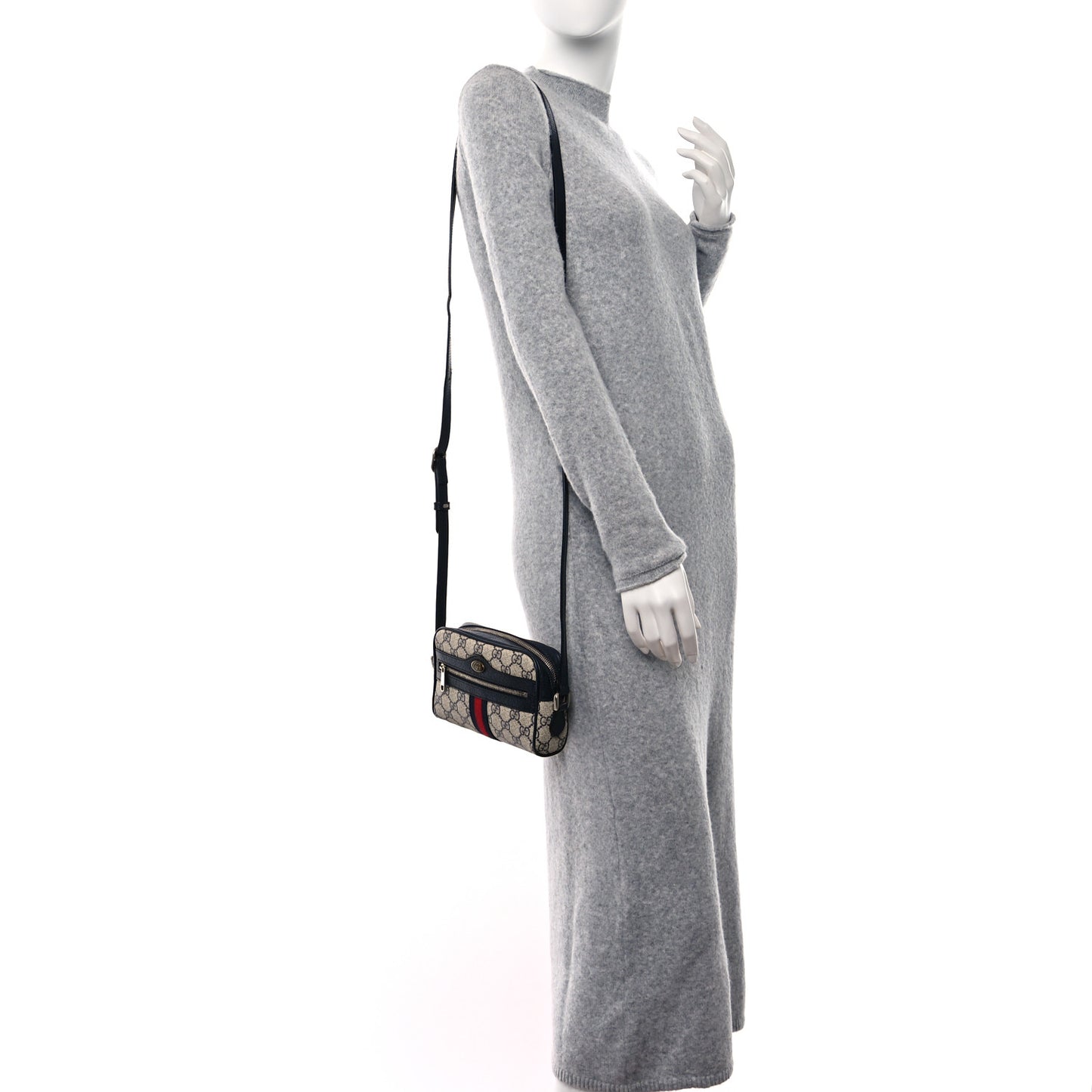 GG Supreme Monogram Textured Dollar Calfskin Web Mini Ophidia Shoulder Bag Beige Blue