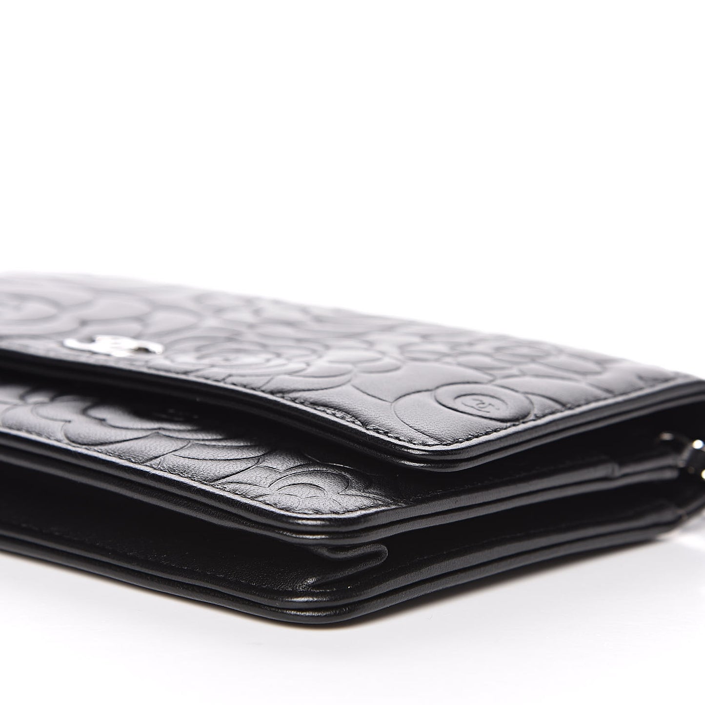 Lambskin Camellia Embossed Wallet on Chain WOC Black