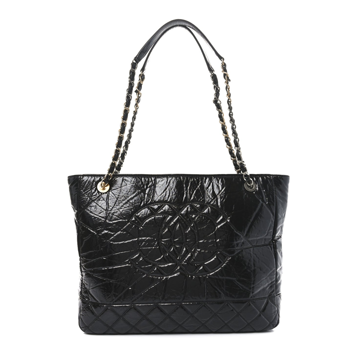 Shiny Aged Calfskin Quilted Large Shopping Bag Black