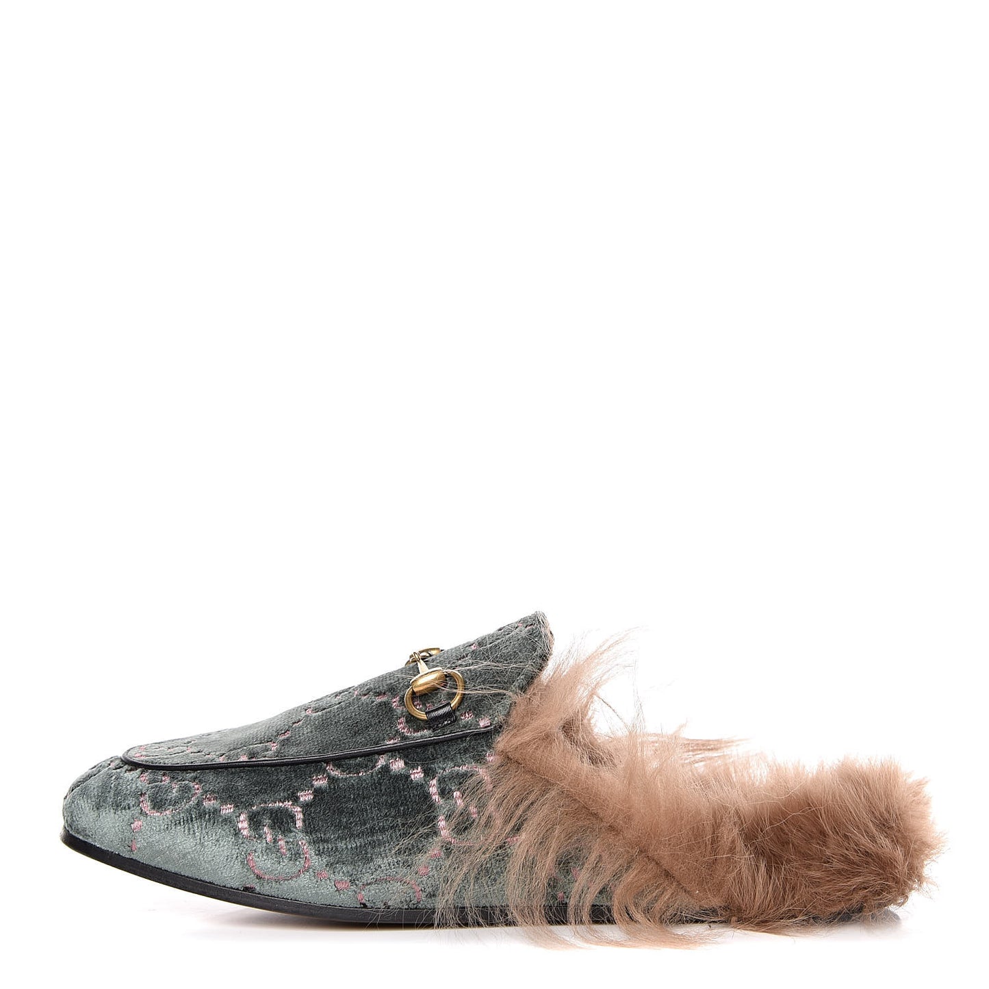 Velvet GG Monogram Fur Womens Princetown Slippers 38 Avio Dusty Pink