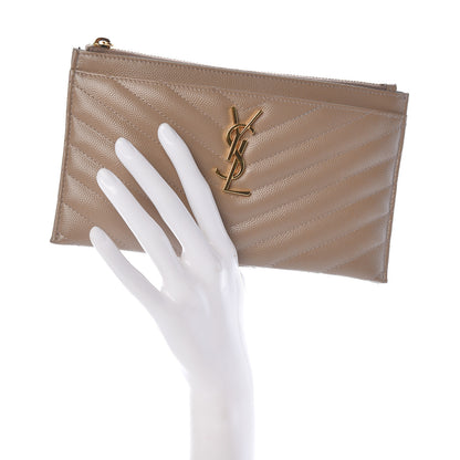 Saint Laurent Grain De Poudre Chevron Monogram Bill Pouch Taupe 2 of 7