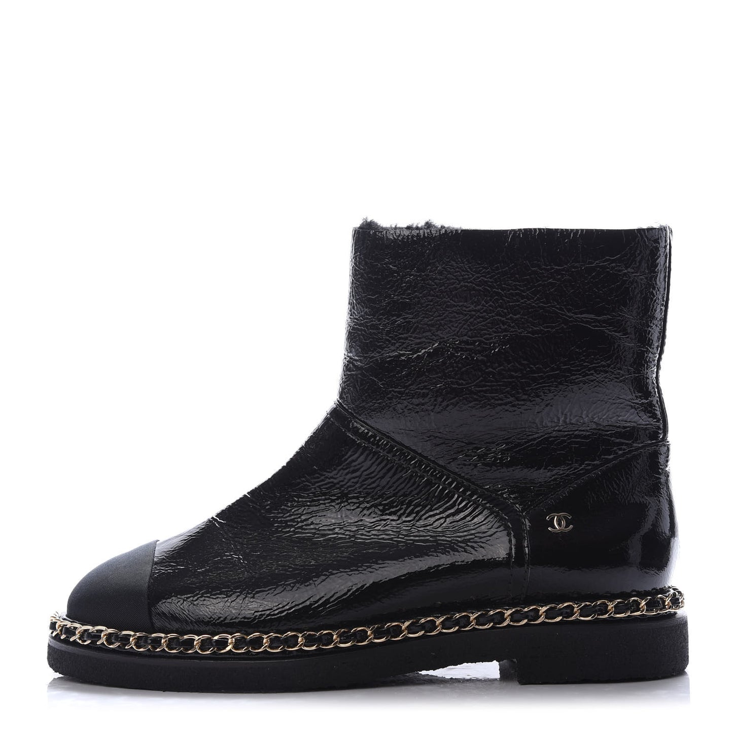 Crumpled Calfskin Shearling Womens Cap Toe Chain Short Boots 37.5 Black