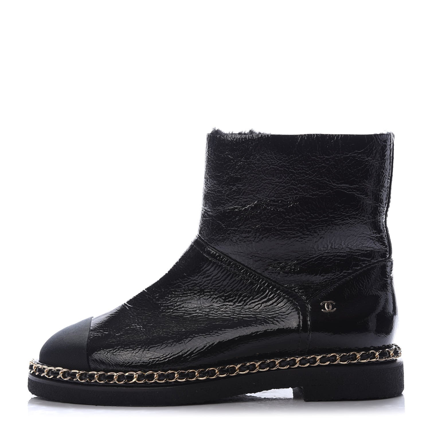 Chanel Crumpled Calfskin Shearling Womens Cap Toe Chain Short Boots 37.5 Black 1 of 7