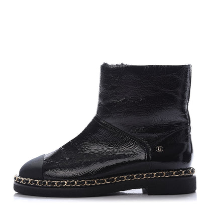 Chanel Crumpled Calfskin Shearling Womens Cap Toe Chain Short Boots 37.5 Black 1 of 7
