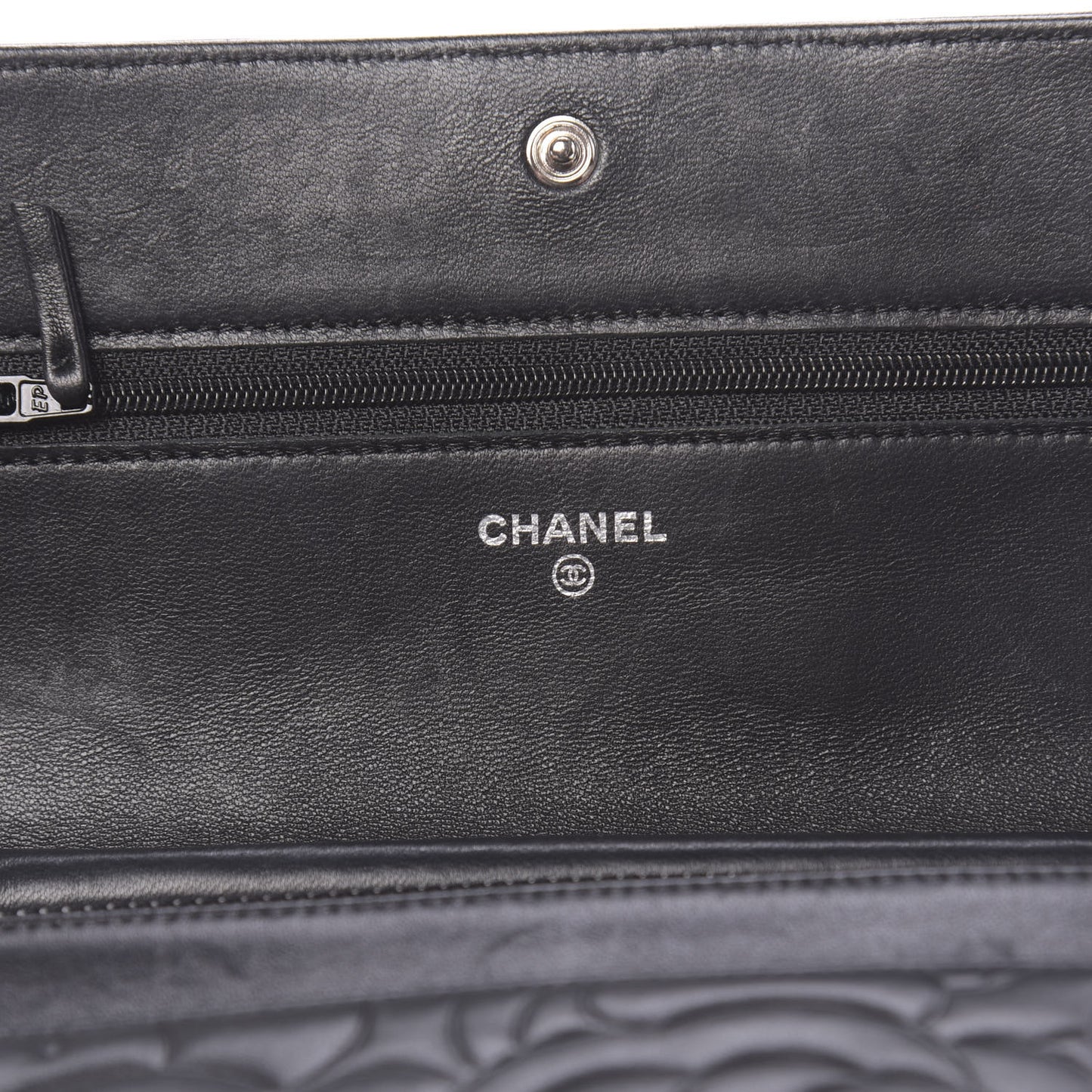 Lambskin Camellia Embossed Wallet on Chain WOC Black
