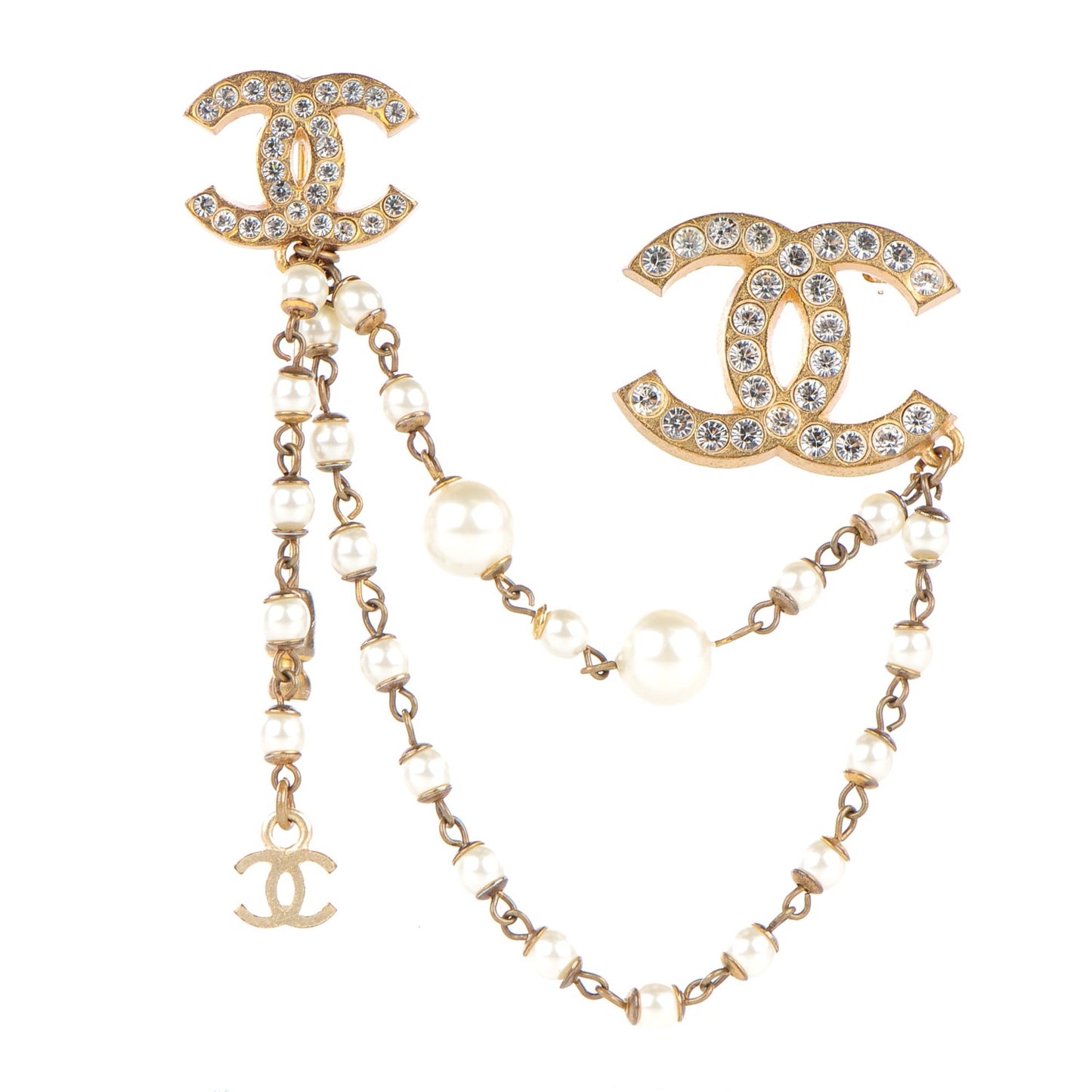 Pearl Crystal CC Brooch Gold