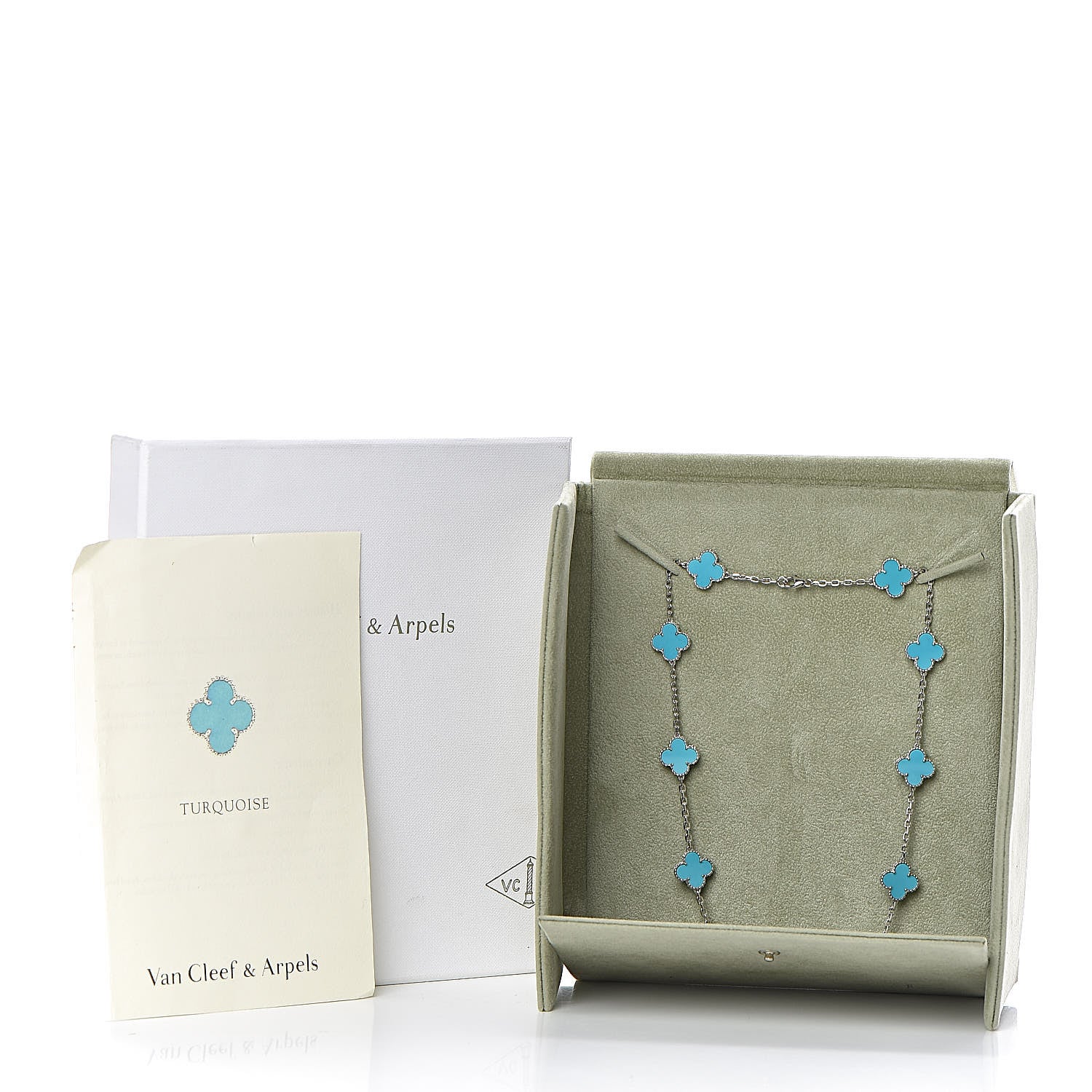 Van Cleef & Arpels 18K White Gold Turquoise 10 Motifs Vintage Alhambra Necklace 9 of 9