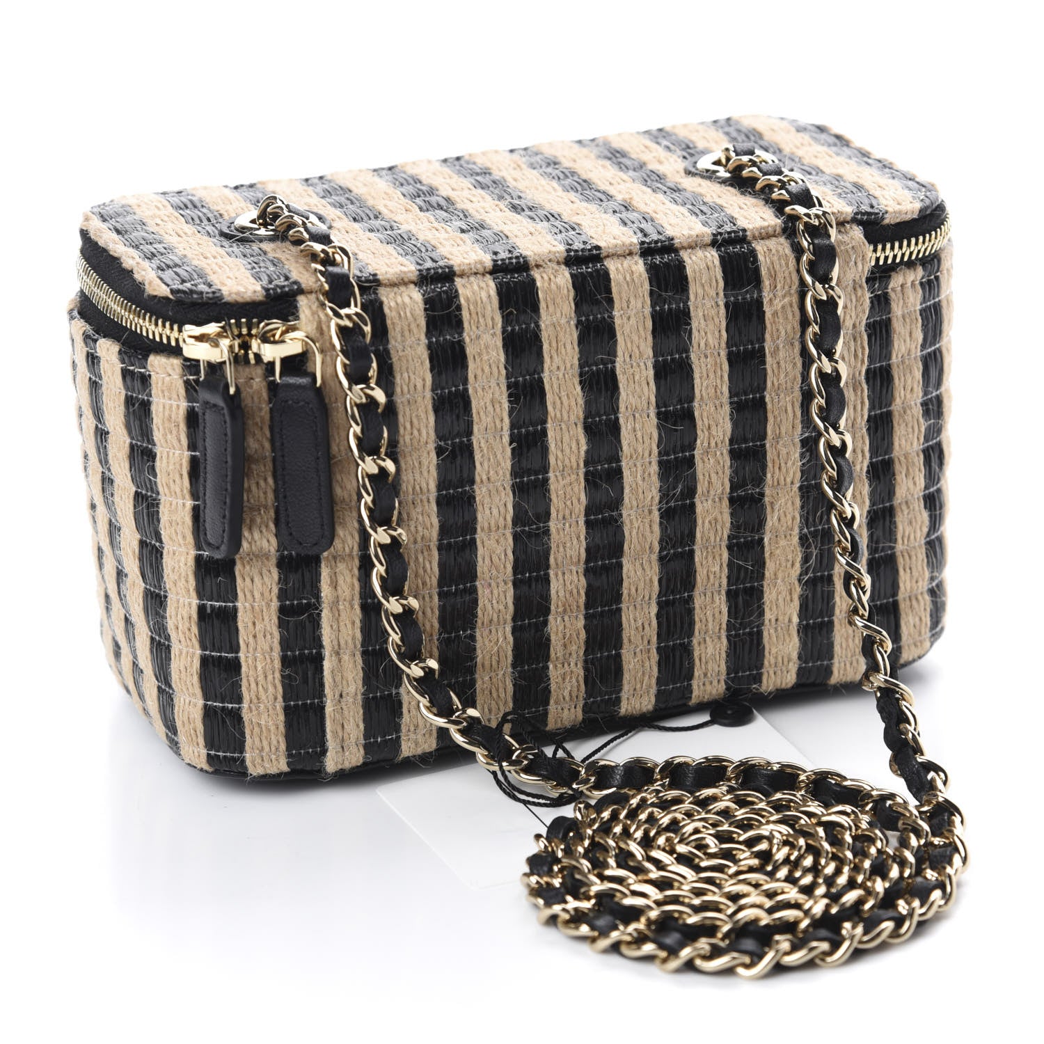 Chanel Raffia Jute Striped Small Vanity Case With Chain Black Beige 3 of 11