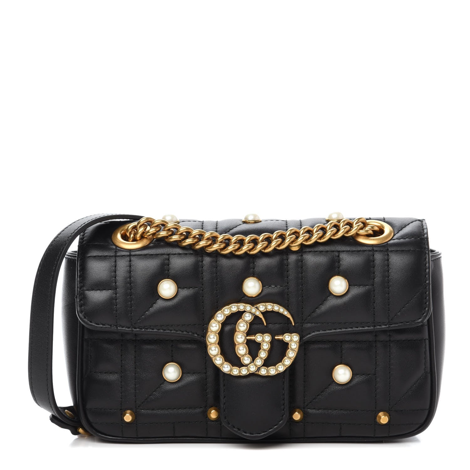 Gucci Calfskin Matelasse Studded Mini Pearly GG Marmont Shoulder Bag Black 1 of 12