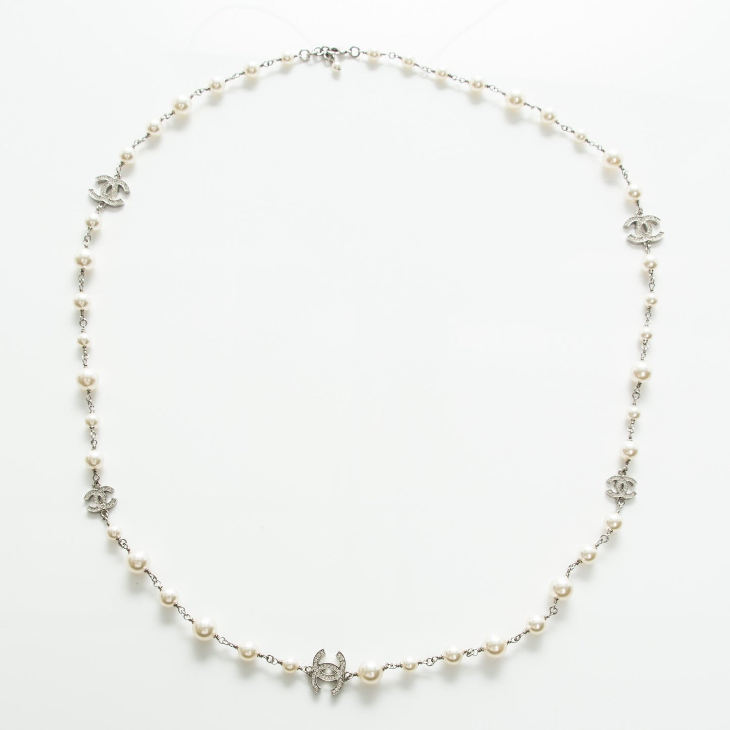 Crystal Pearl CC Long Necklace Silver
