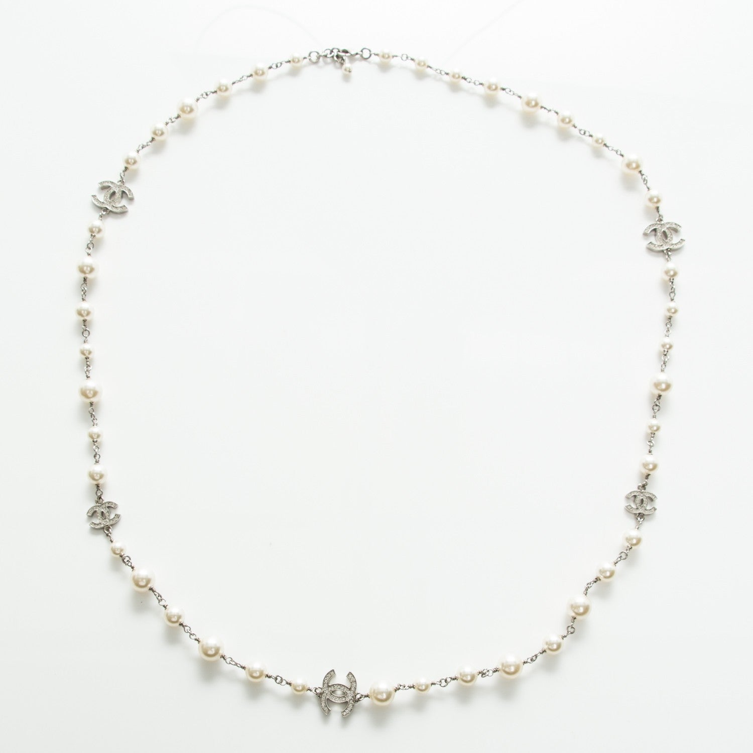 Chanel Crystal Pearl CC Long Necklace Silver 3 of 5