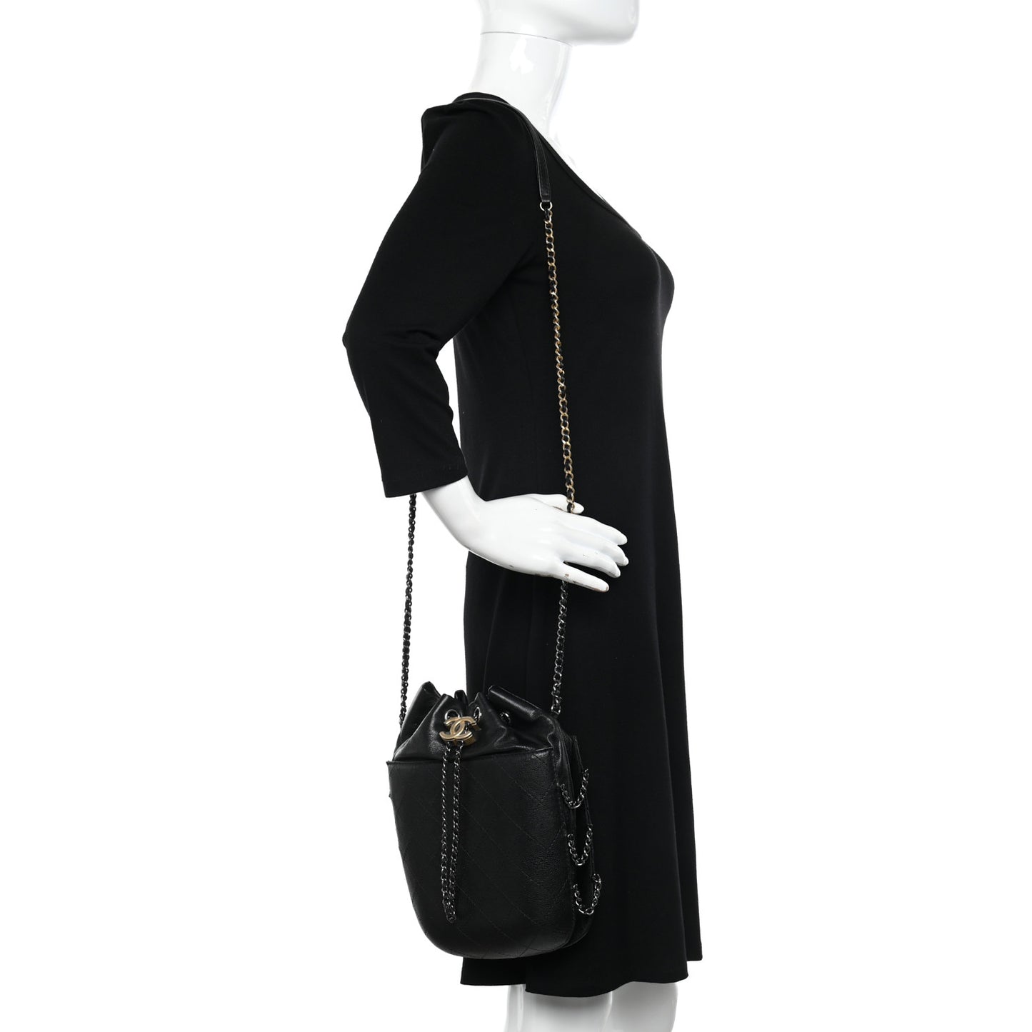 Aged Calfskin Quilted Gabrielle Bucket Black