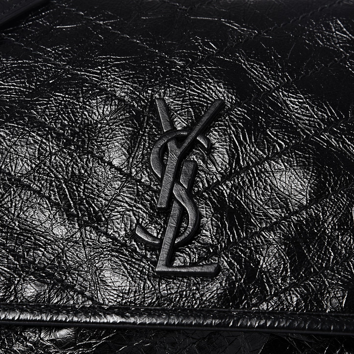 Crinkled Calfskin Matelasse Monogram Medium Niki Chain Satchel Black