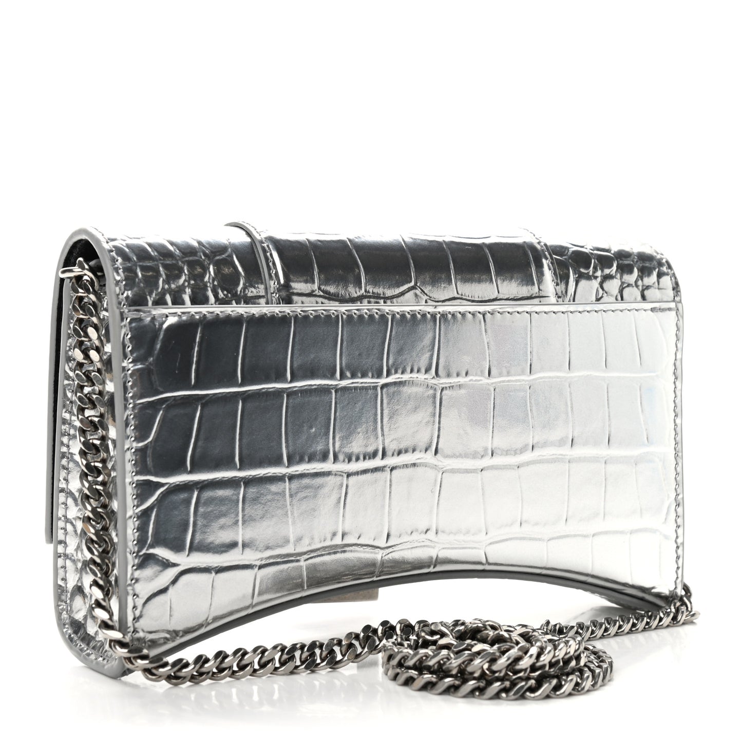 Metallic Calfskin Crocodile Embossed Hourglass Chain Bag Silver