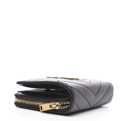 Saint Laurent Grain De Poudre Matelasse Chevron Monogram Compact Zip Around Wallet Black 4 of 8