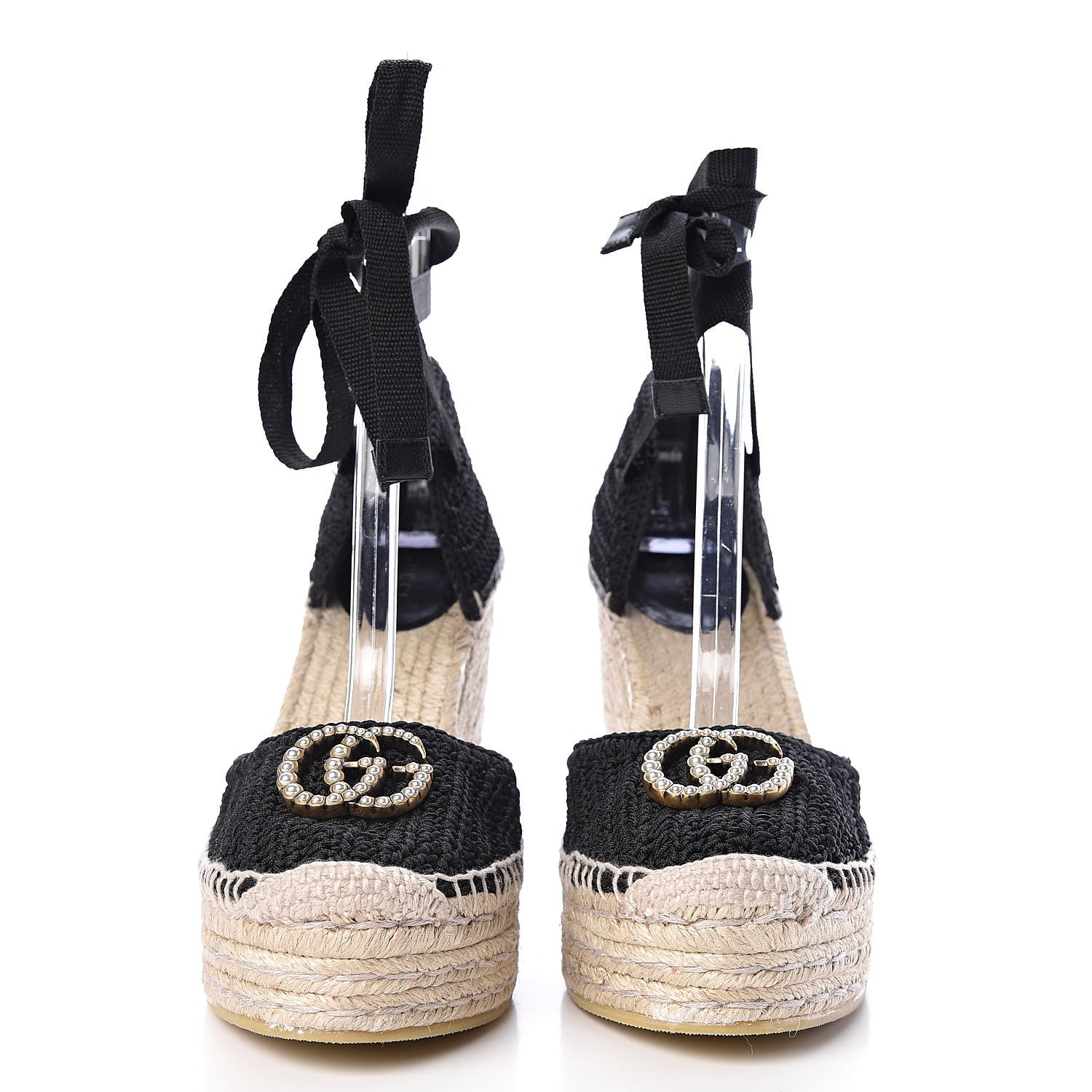 Gucci Cotton Crochet Pearly GG Ankle Wrap Platform Espadrille Wedges 39 Black 2 of 10
