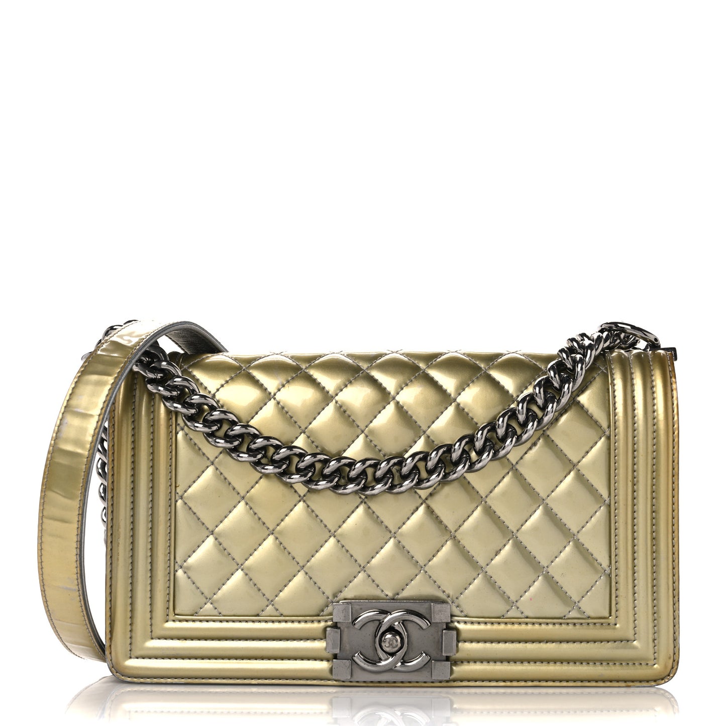 Metallic Patent Calfskin Quilted Medium Boy Flap Silver