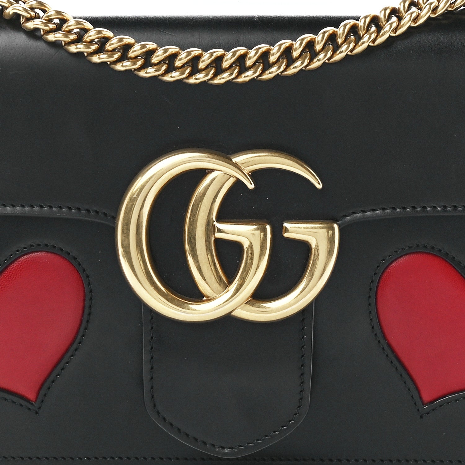 Gucci Knight Calfskin Malaga Kid Heart Medium GG Marmont Chain Handle Bag Black Hibiscus Red Multicolor 9 of 13