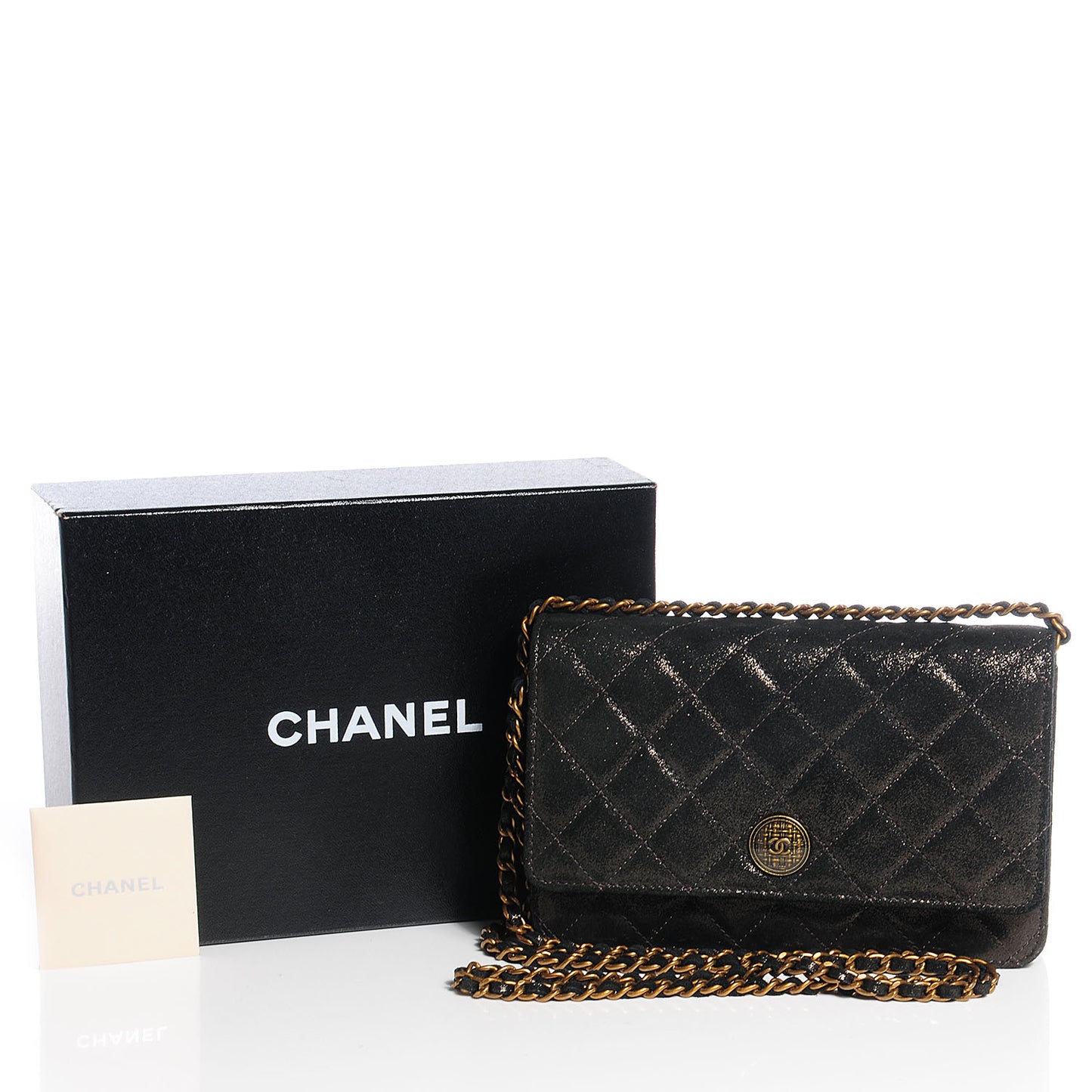 Iridescent Calfskin Quilted Tartan Button Wallet on Chain WOC Black
