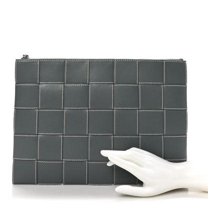 Bottega Veneta Urban Calfskin Maxi Intrecciato Large Cassette Wristlet Pouch Slate Natural 2 of 7