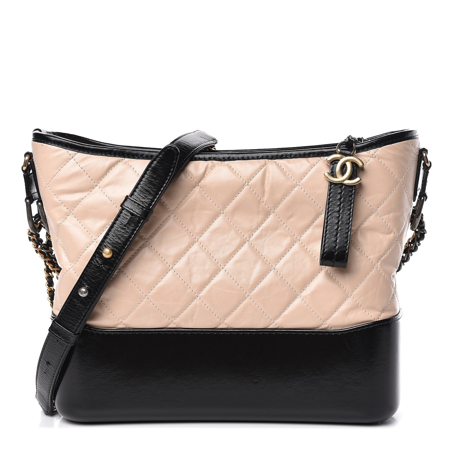 Aged Calfskin Quilted Medium Gabrielle Hobo Beige Black