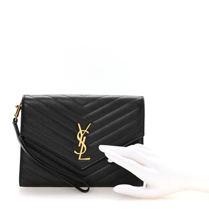 Saint Laurent Grain De Poudre Matelasse Chevron Monogram Envelope Clutch Black 2 of 8
