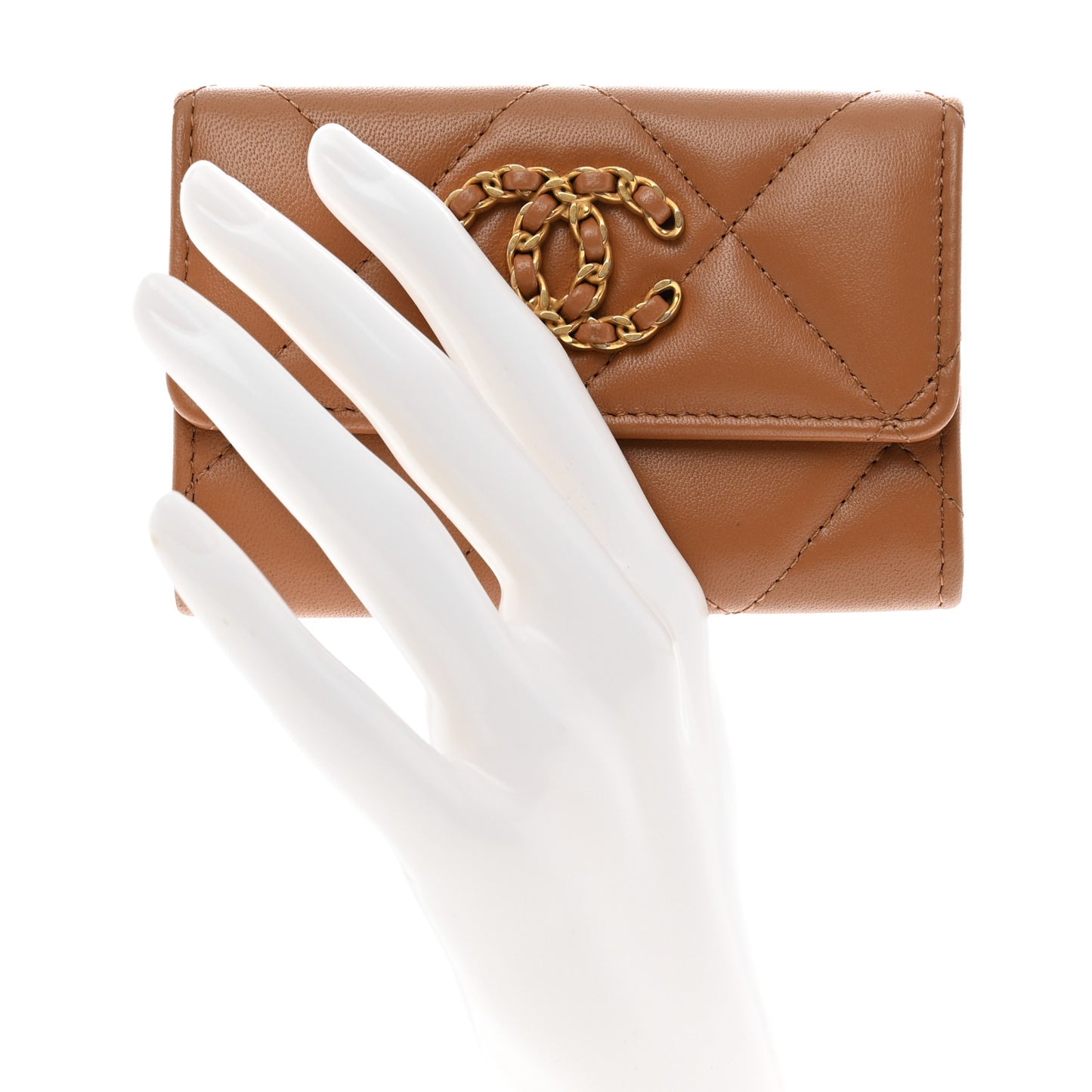 Lambskin Quilted Chanel 19 Flap Card Holder Brown